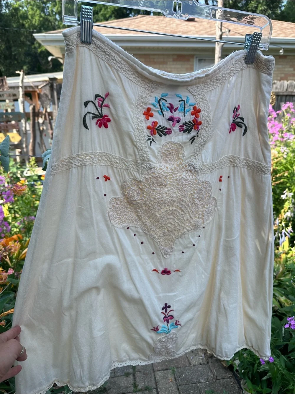 Free People Cream Embroidered Cotton Slip Skirt with Floral Embroidery